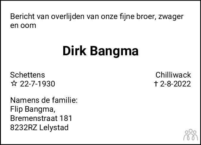 Overlijdensbericht van Dirk Bangma in Leeuwarder Courant