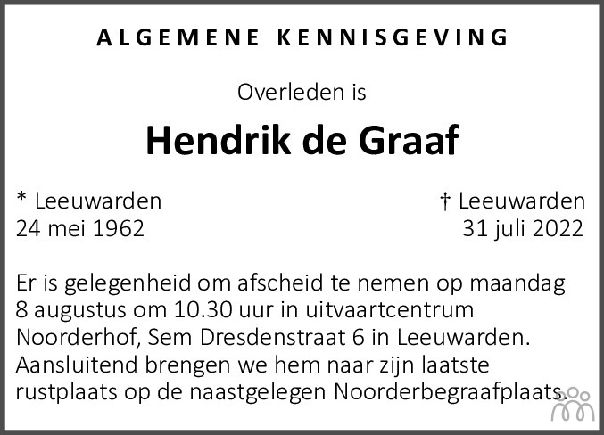 Overlijdensbericht van Hendrik de Graaf in Leeuwarder Courant