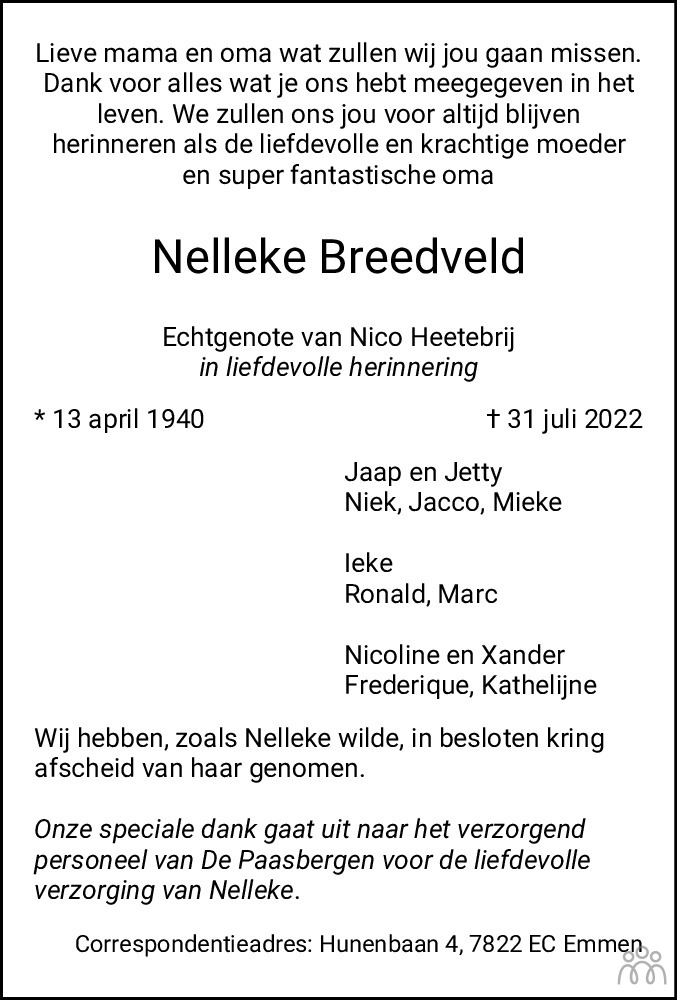 Overlijdensbericht van Nelleke Breedveld in Dagblad van het Noorden