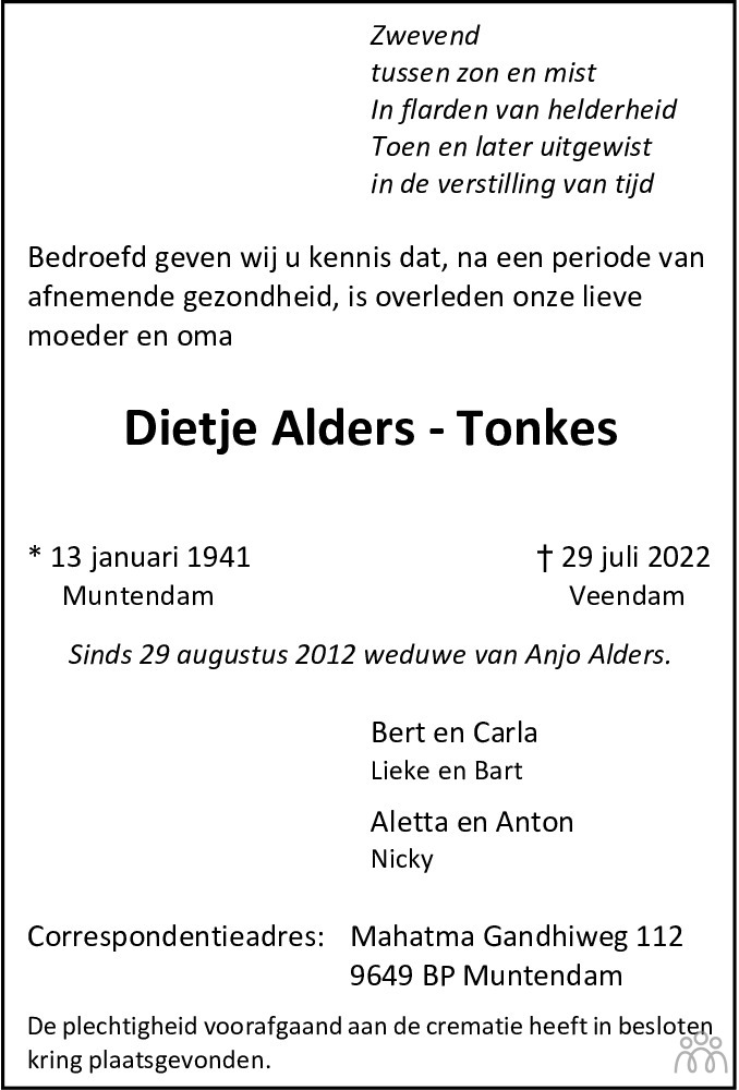 Overlijdensbericht van Dietje Alders-Tonkes in Dagblad van het Noorden