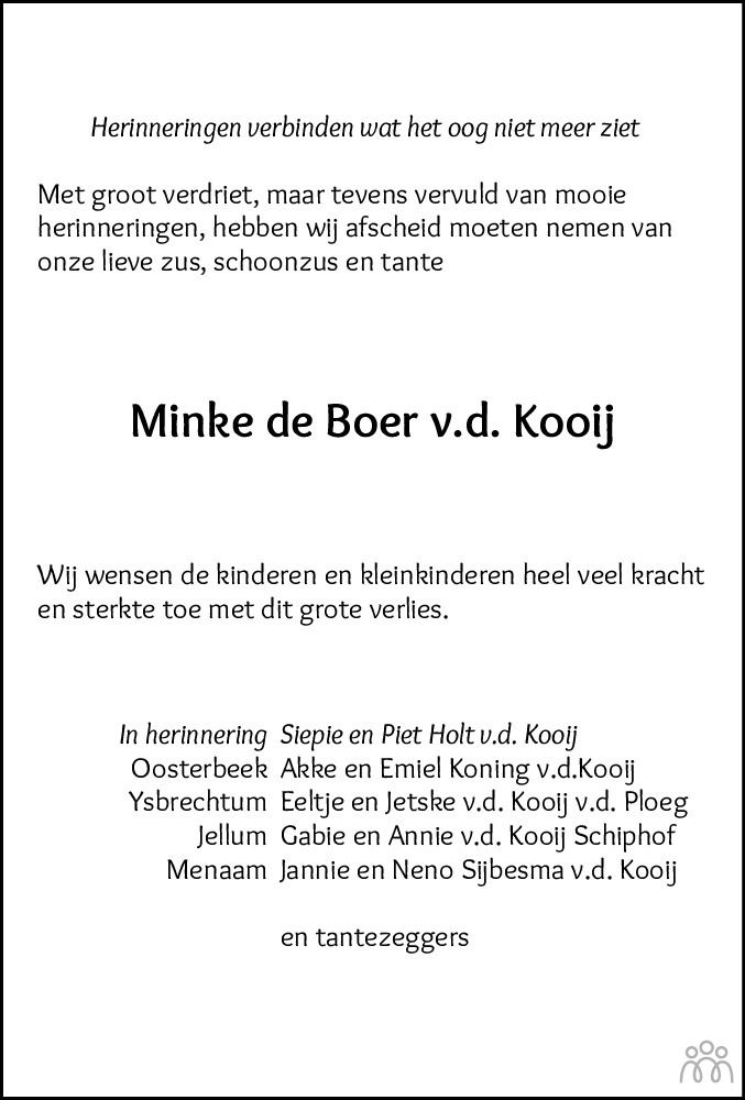 Overlijdensbericht van Minke de Boer-van der Kooij in Leeuwarder Courant