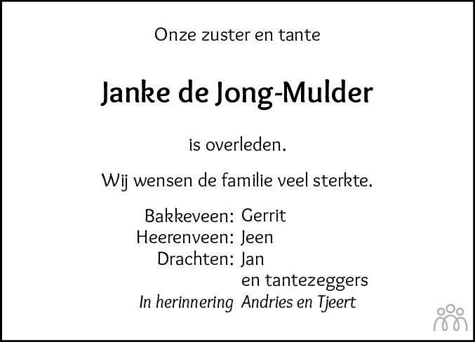 Overlijdensbericht van Janke de Jong-Mulder in Leeuwarder Courant
