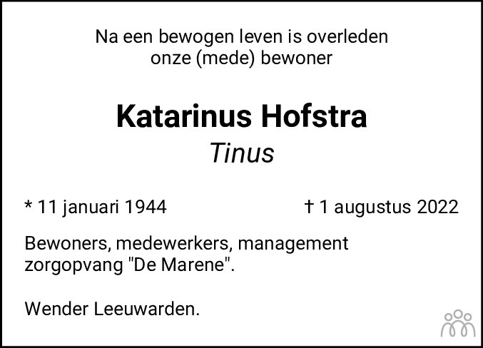 Overlijdensbericht van Katarinus (Tinus) Hofstra in Leeuwarder Courant