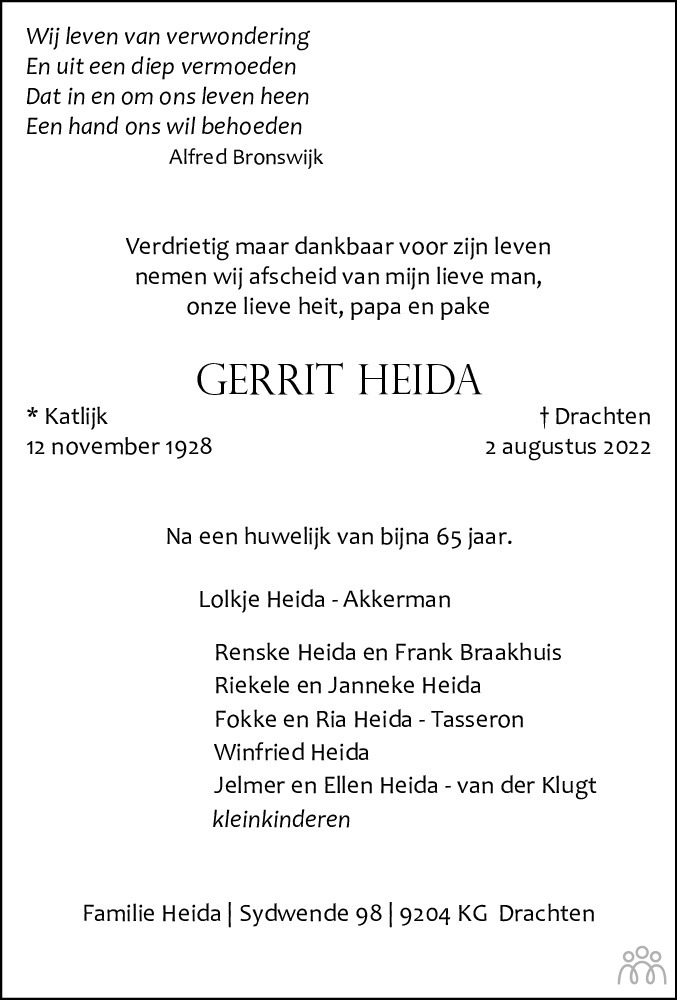 Overlijdensbericht van Gerrit Heida in Leeuwarder Courant