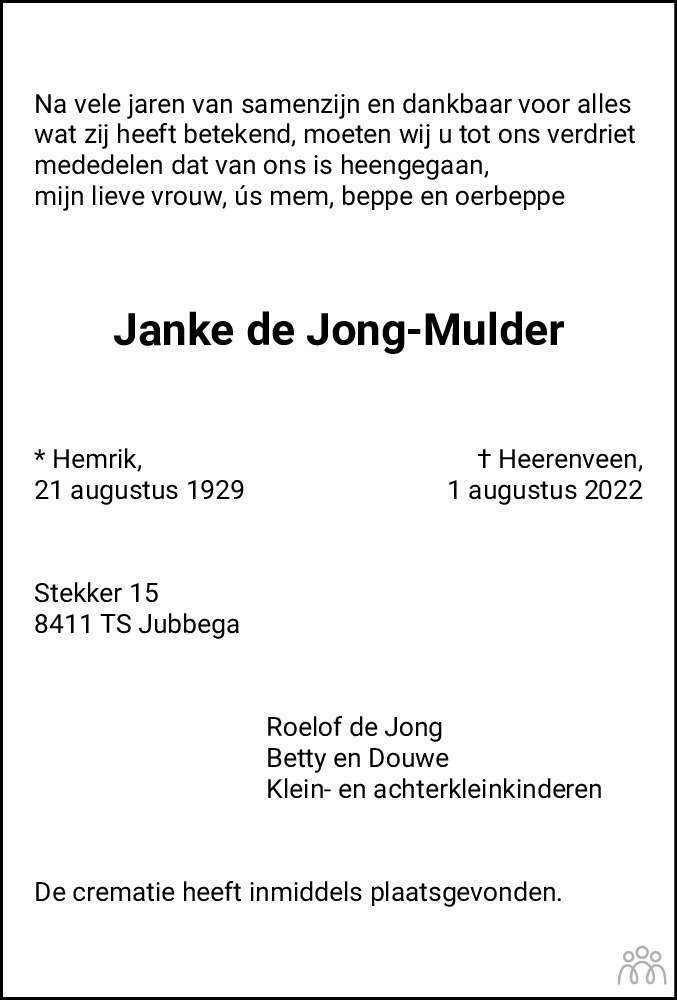 Overlijdensbericht van Janke de Jong-Mulder in Leeuwarder Courant