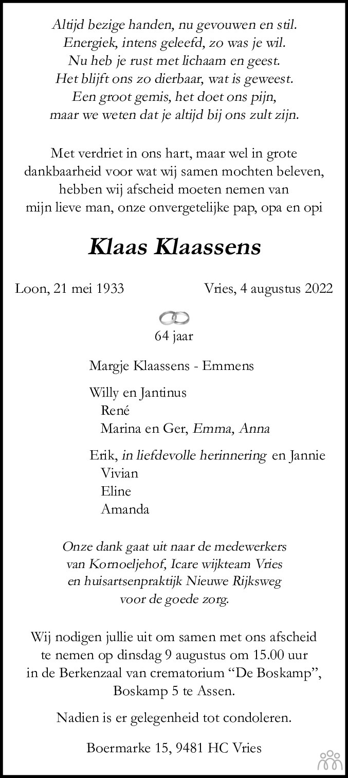 Overlijdensbericht van Klaas Klaassens in Dagblad van het Noorden