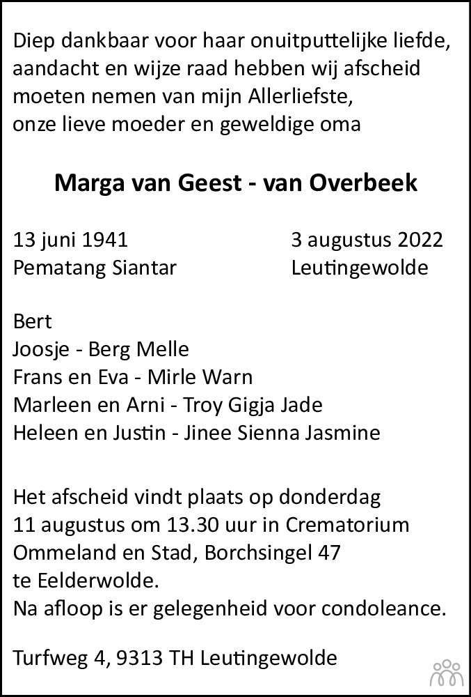 Overlijdensbericht van Marga van Geest-van Overbeek in Dagblad van het Noorden