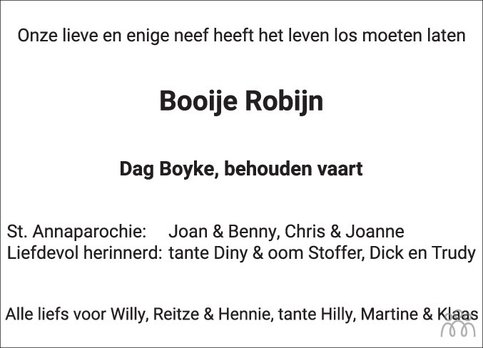 Overlijdensbericht van Booije Robijn in Leeuwarder Courant