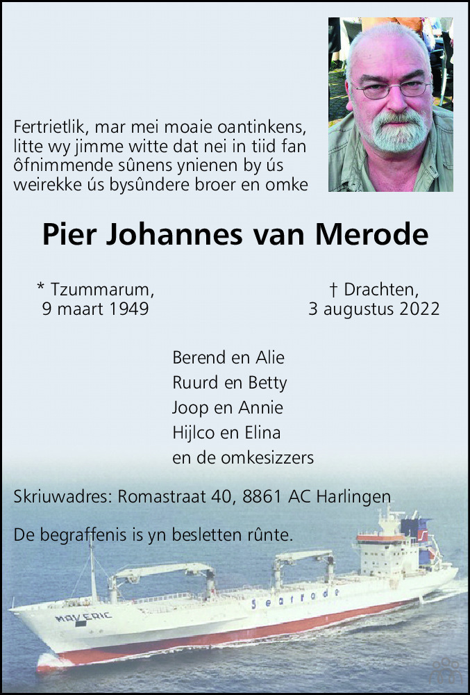 Overlijdensbericht van Pier Johannes van Merode in Leeuwarder Courant