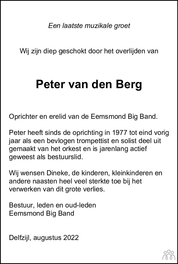 Overlijdensbericht van Peter Klaas (Peter) van den Berg in Dagblad van het Noorden
