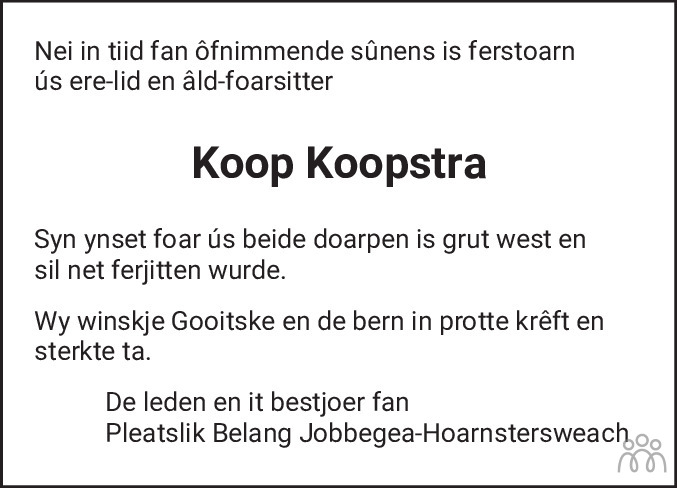 Overlijdensbericht van Koop Koopstra in Leeuwarder Courant