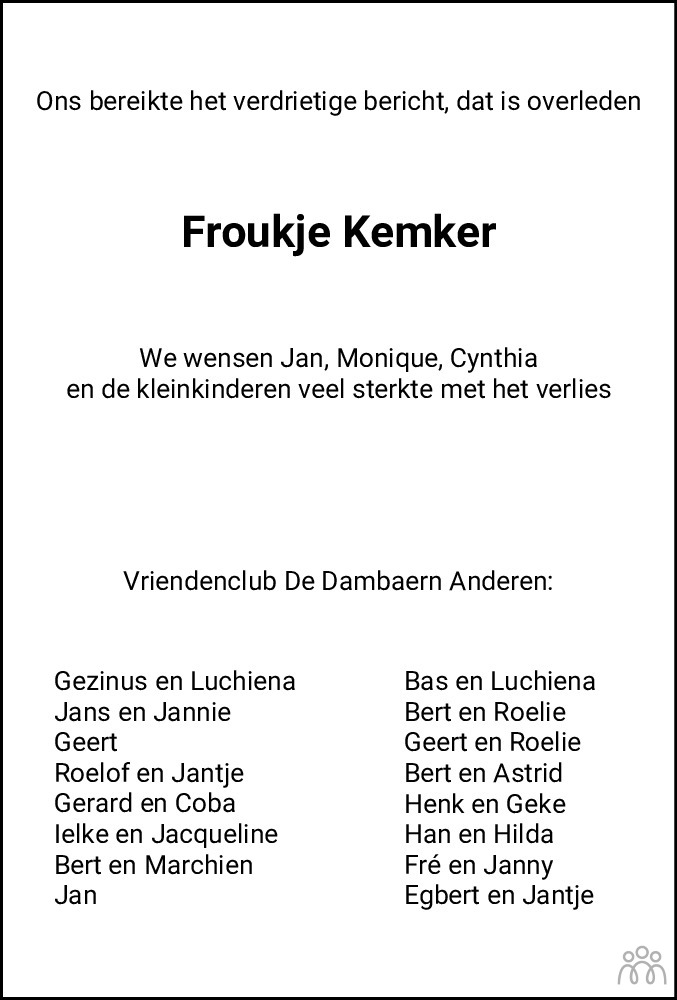 Overlijdensbericht van Froukje Kemker-van der Molen in Dagblad van het Noorden