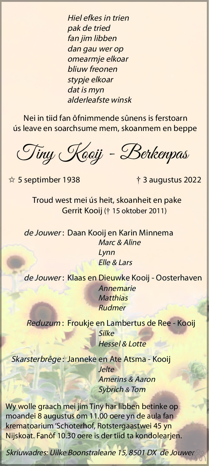 Overlijdensbericht van Tiny Kooij-Berkenpas in Leeuwarder Courant