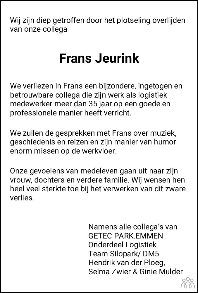 Overlijdensbericht van Frans Jeurink in Dagblad van het Noorden
