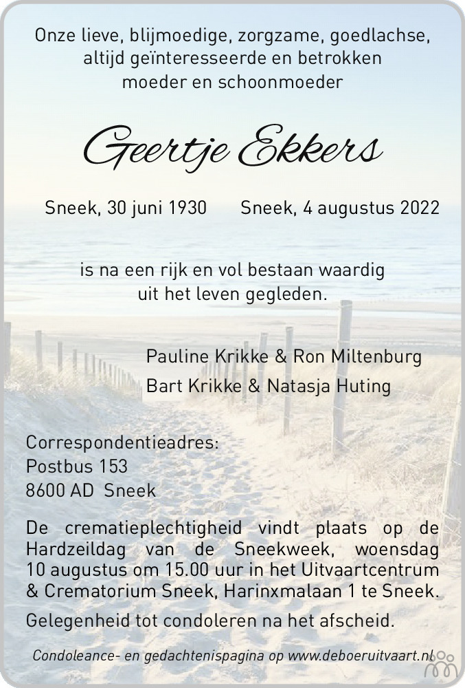 Overlijdensbericht van Geertje Ekkers in Leeuwarder Courant