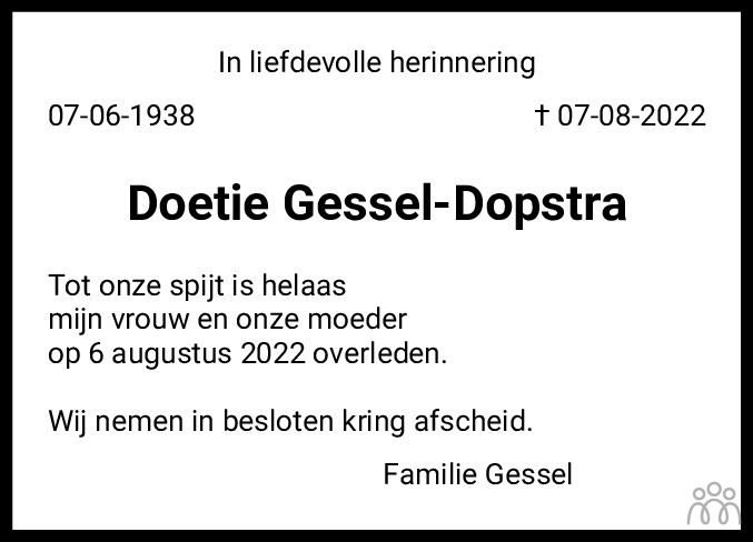 Overlijdensbericht van Doetie Gessel-Dopstra in Dagblad van het Noorden