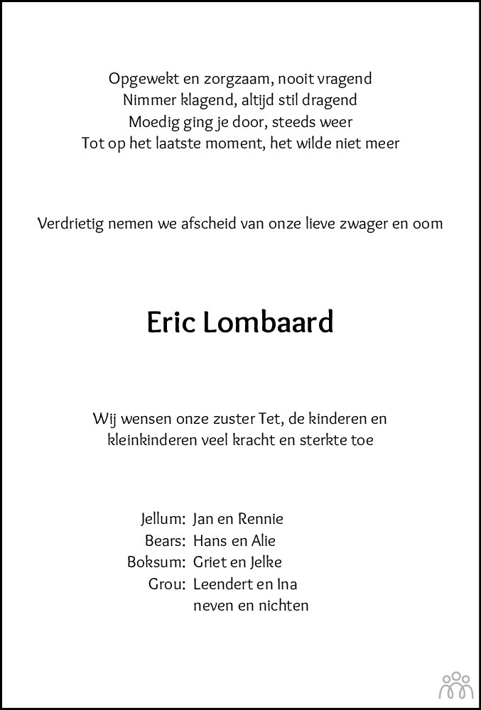 Overlijdensbericht van Eric Lombaard in Leeuwarder Courant