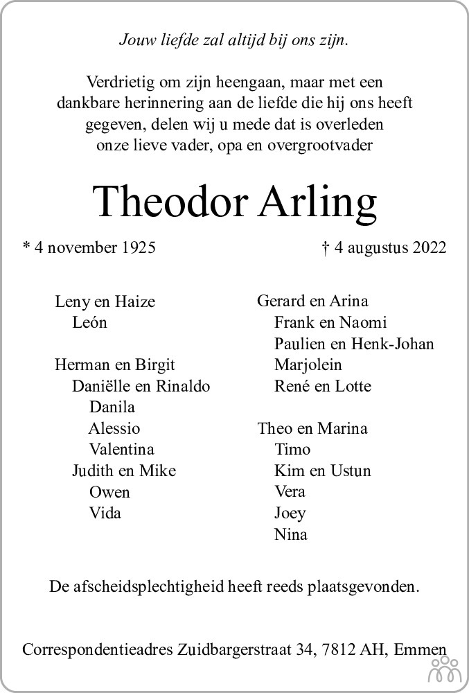 Overlijdensbericht van Theodor Arling in Emmen Nu