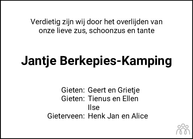 Overlijdensbericht van Jantje Berkepies-Kamping in Dagblad van het Noorden