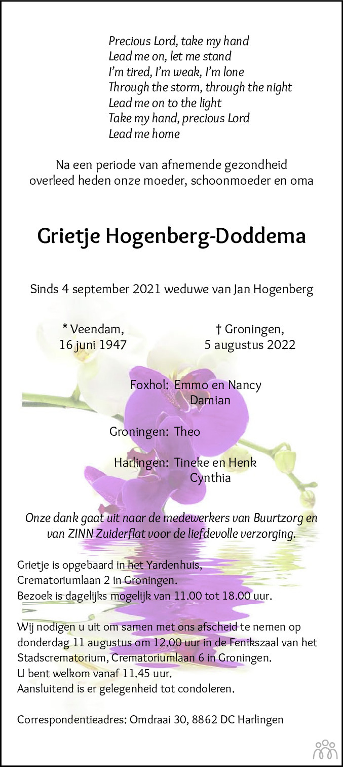 Overlijdensbericht van Grietje Hogenberg-Doddema in Dagblad van het Noorden