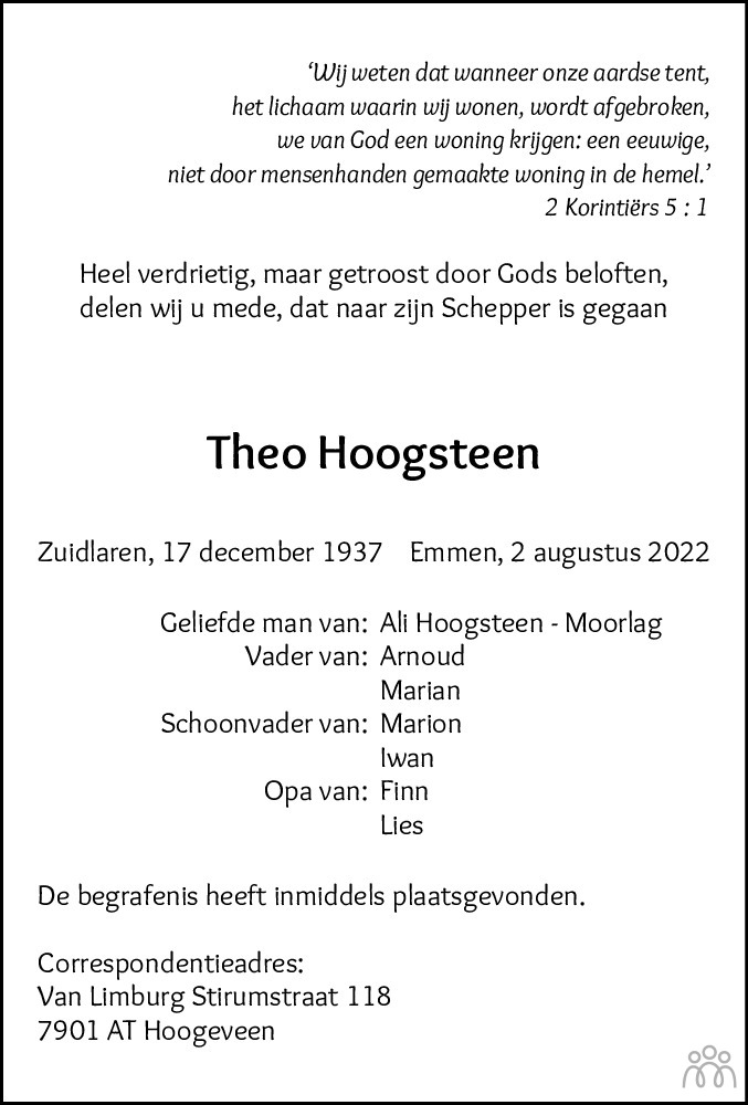 Overlijdensbericht van Theo Hoogsteen in Hoogeveensche Courant
