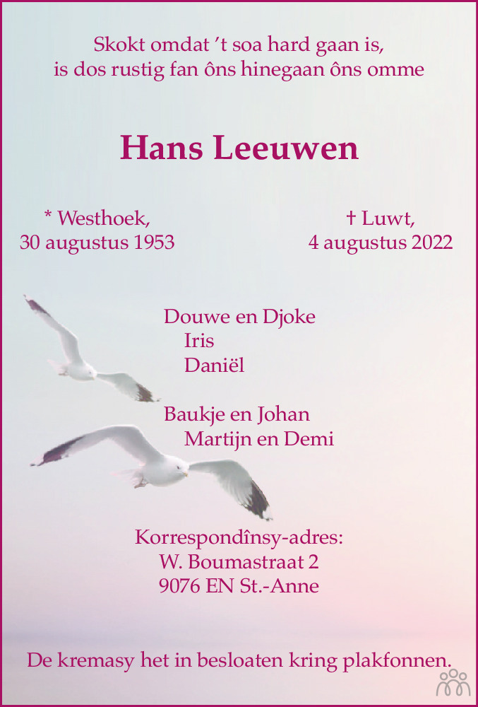 Overlijdensbericht van Hans Leeuwen in Franeker Courant