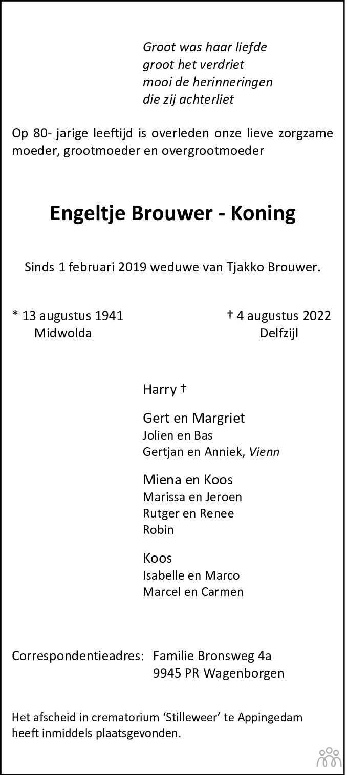 Overlijdensbericht van Engeltje Brouwer-Koning in Eemsbode/Noorderkrant
