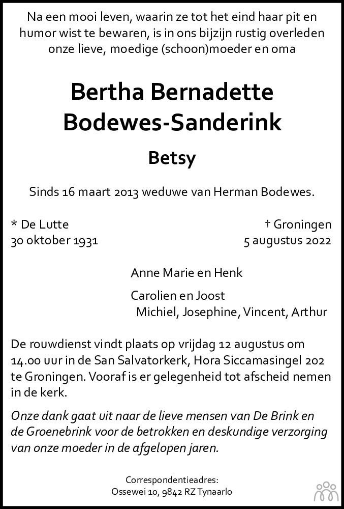 Overlijdensbericht van Bertha Bernadette (Betsy) Bodewes-Sanderink in Dagblad van het Noorden