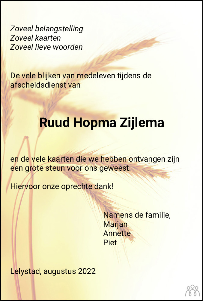Overlijdensbericht van Ruud Hopma Zijlema in Flevopost Dronten