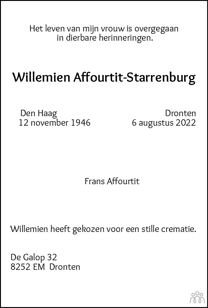 Overlijdensbericht van Willemien Affourtit-Starrenburg in Flevopost Dronten