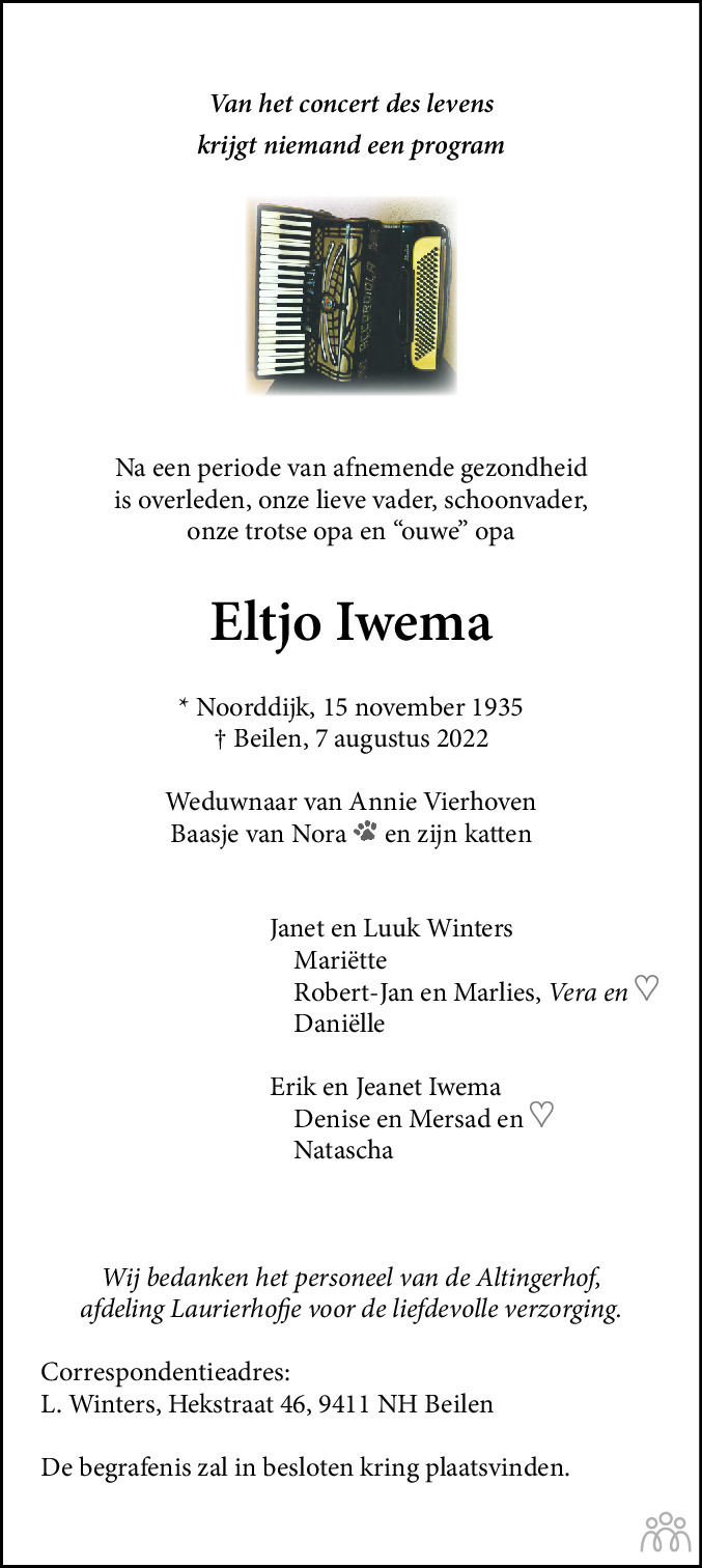 Overlijdensbericht van Eltjo  Iwema in De krant van Midden-Drenthe