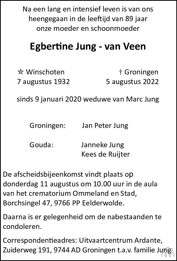 Overlijdensbericht van Egbertine Jung-van Veen in Dagblad van het Noorden