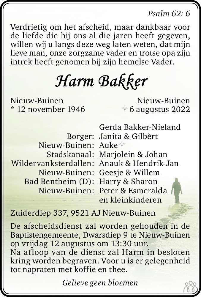 Overlijdensbericht van Harm Bakker in Dagblad van het Noorden