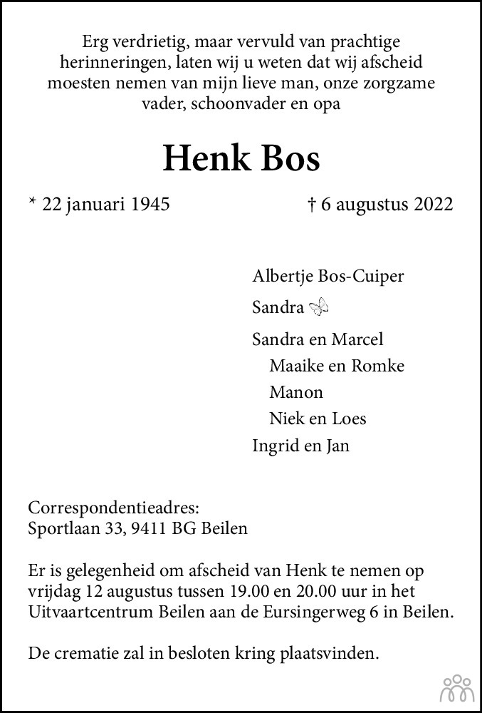 Overlijdensbericht van Henk Bos in De krant van Midden-Drenthe