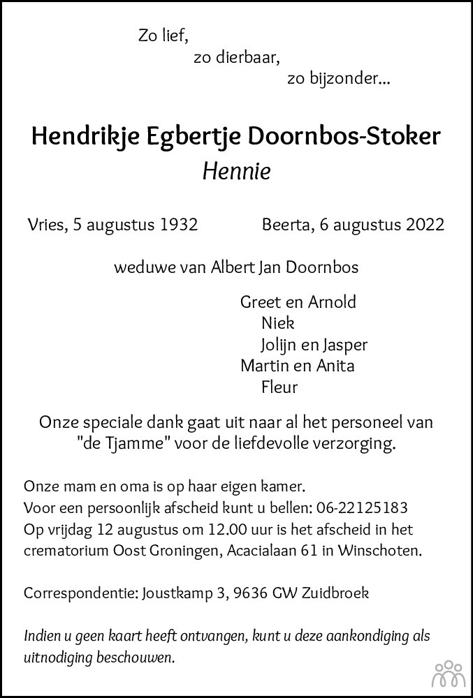 Overlijdensbericht van Hendrikje Egbertje (Hennie) Doornbos-Stoker in Dagblad van het Noorden