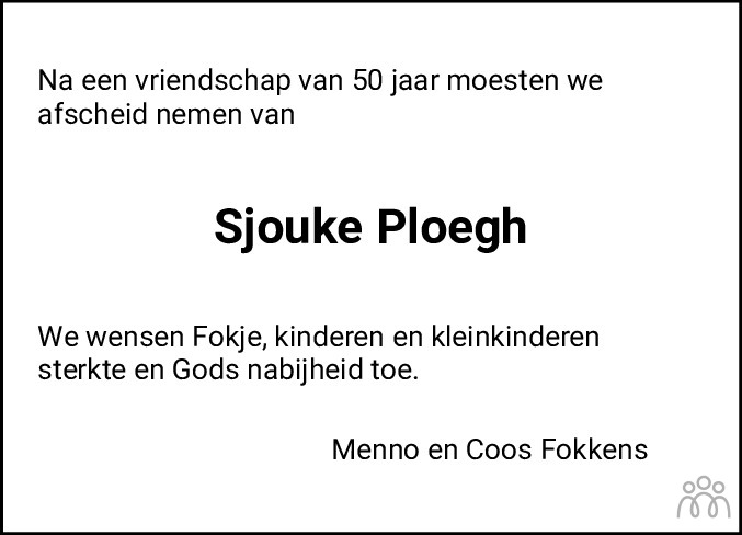 Overlijdensbericht van Sjouke Ploegh in Eemsbode/Noorderkrant