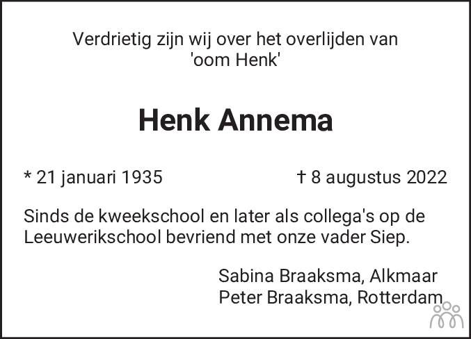 Overlijdensbericht van Henk Annema in Leeuwarder Courant