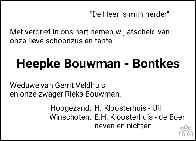 Overlijdensbericht van Heepke Bontkes in Dagblad van het Noorden