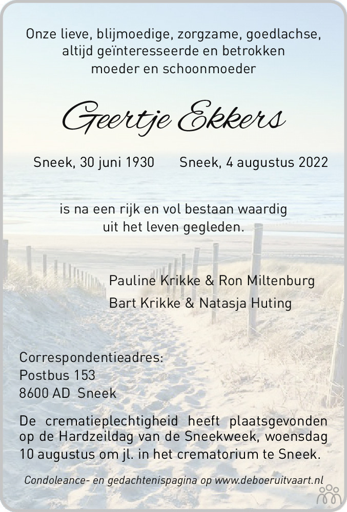 Overlijdensbericht van Geertje Ekkers in Sneeker Nieuwsblad