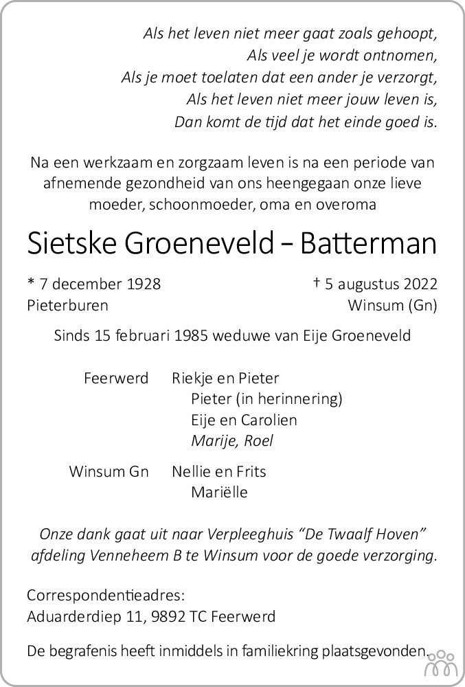Overlijdensbericht van Sietske Groeneveld-Batterman in Dagblad van het Noorden