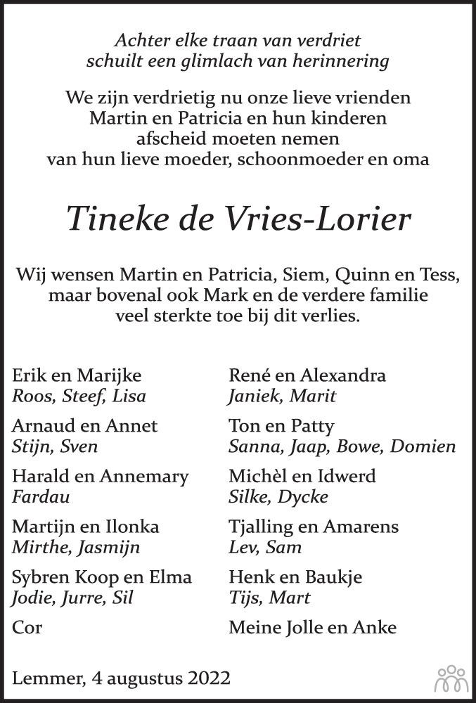Overlijdensbericht van Martina Maria (Tineke) de Vries-Lorier in Jouster Courant Zuid Friesland