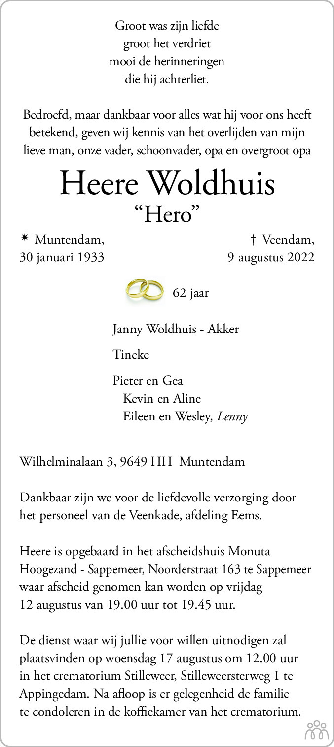Overlijdensbericht van Heere (Hero) Woldhuis in Dagblad van het Noorden