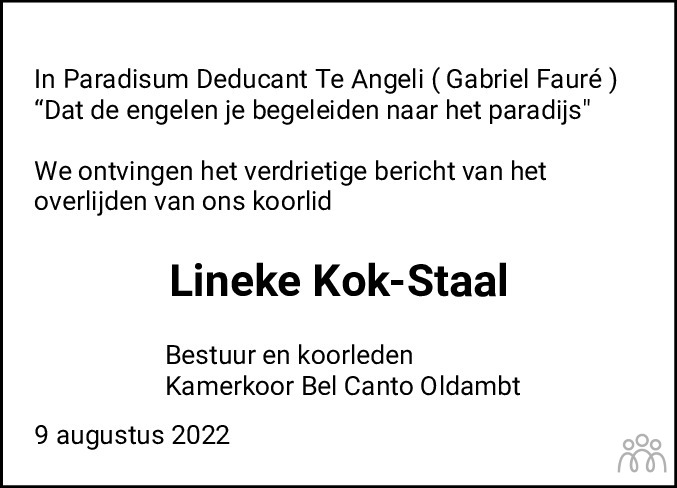 Overlijdensbericht van Lineke Kok-Staal in Dagblad van het Noorden