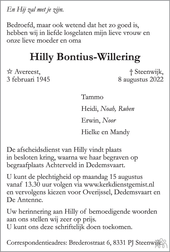 Overlijdensbericht van Hilly Bontius-Willering in Meppeler Courant