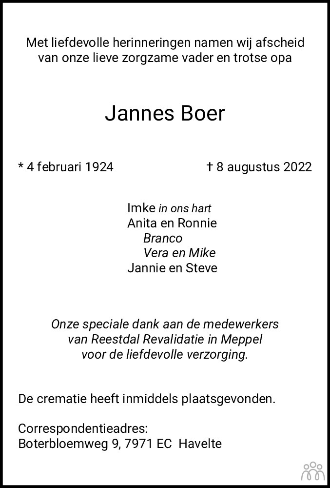 Overlijdensbericht van Jannes Boer in Meppeler Courant