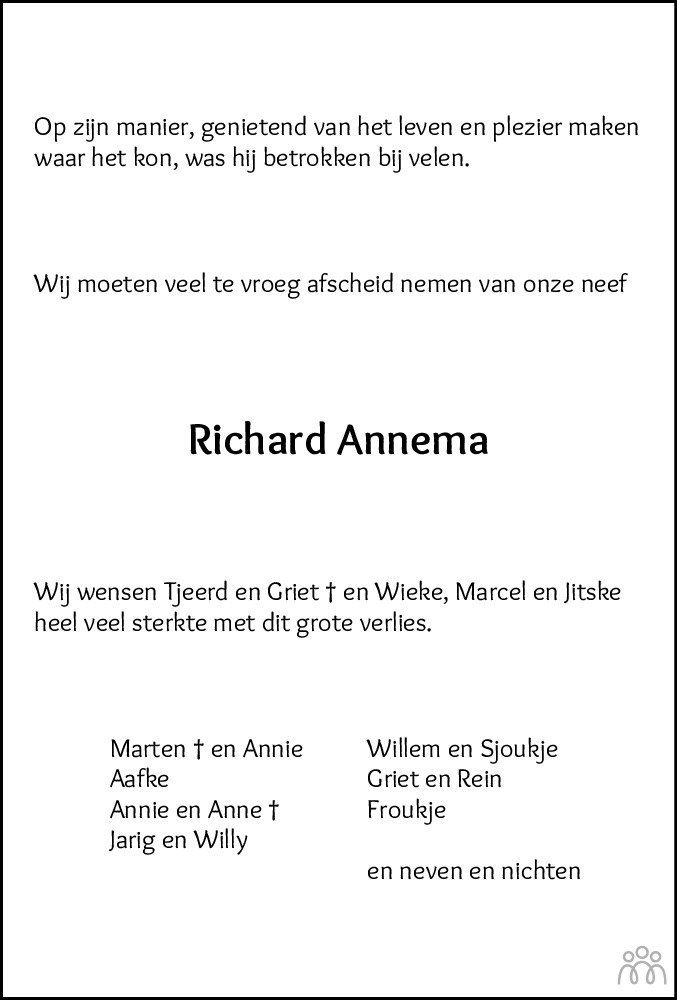 Overlijdensbericht van Richard Annema in Leeuwarder Courant