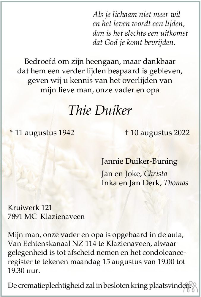 Overlijdensbericht van Thie Duiker in Dagblad van het Noorden