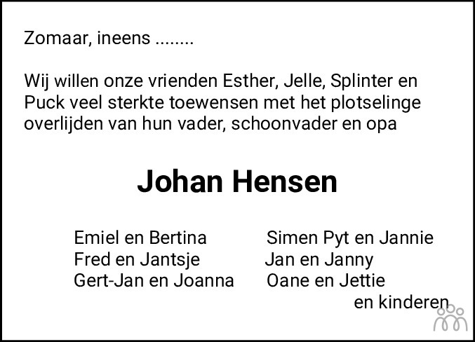 Overlijdensbericht van Johan Hensen in Dagblad van het Noorden