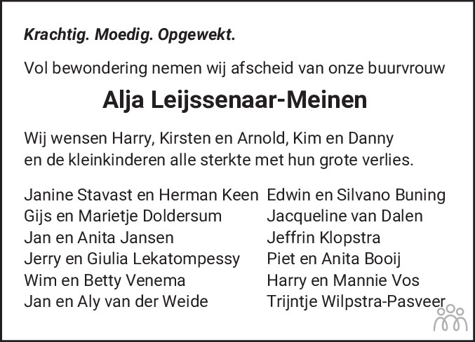 Overlijdensbericht van Alja Leijssenaar-Meinen in Hoogeveensche Courant