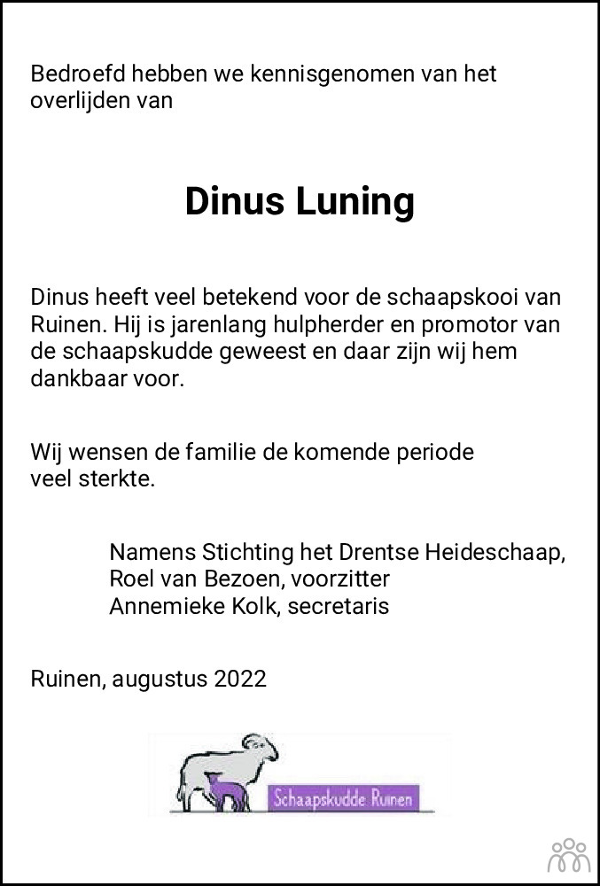 Overlijdensbericht van Dinus  Luning in Hoogeveensche Courant